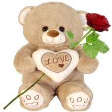 Cuddly toy love bear approx. 30 cm (Cuddly toy love bear with white love heart + fresh red rose + 140 grams of chocolate hearts)